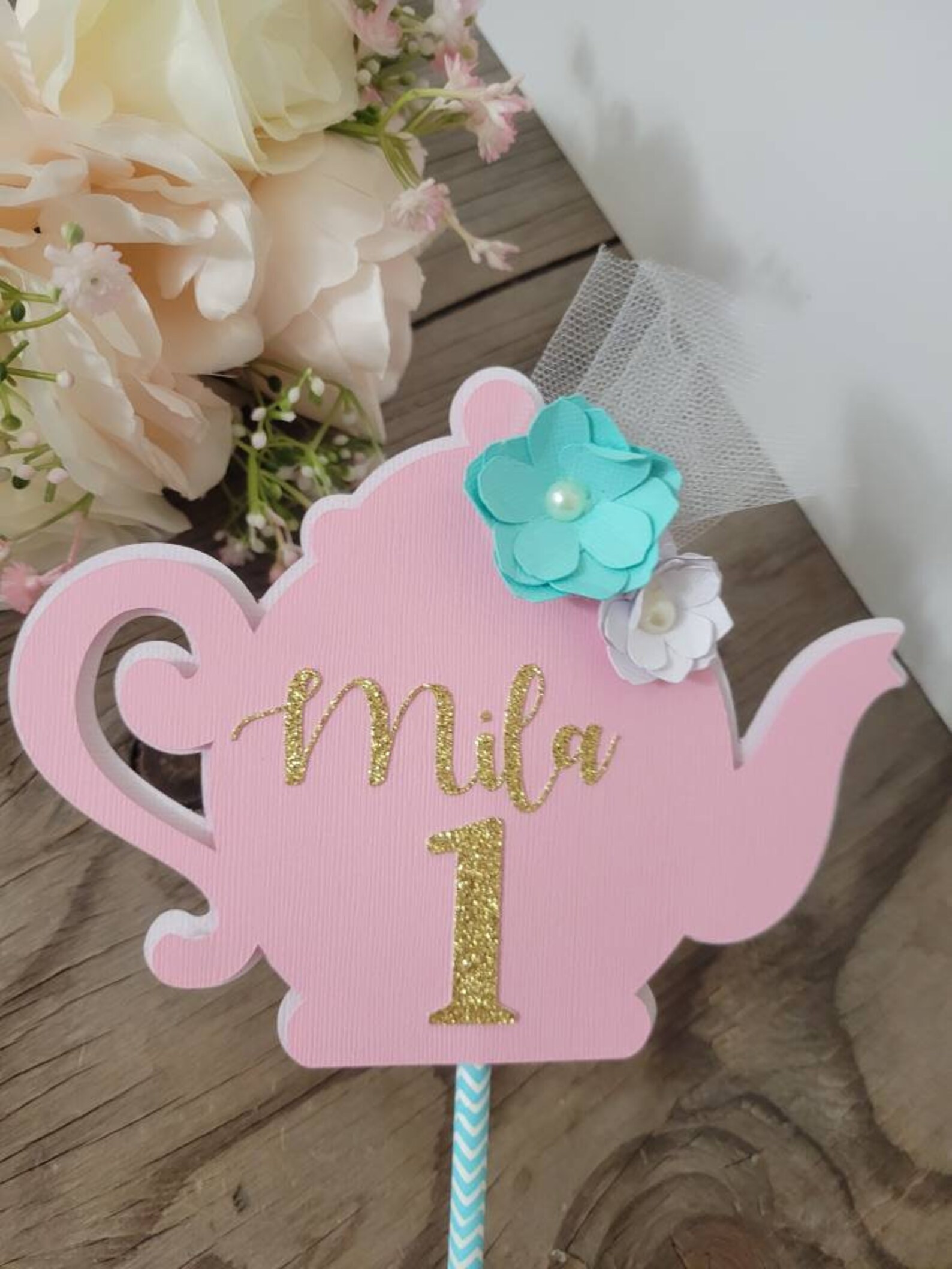 Gold Glitter Teapot Cake Topper - 6.3 Inch 6th Birthday Party Decoration