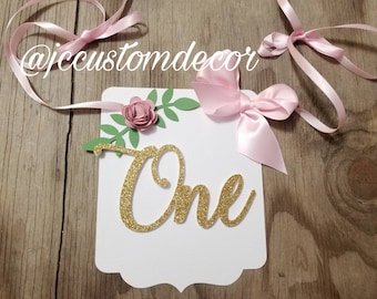 One pink gold banner-one girl flower banner-One girl highchair banner-pink gold-pink silver one banner-flower banner-one girl birthday party