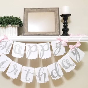 Happy Birthday pink silver banner-Pink white gold silver happy birthday banner-Pink happy birthday banner-girl happy birthday one banner