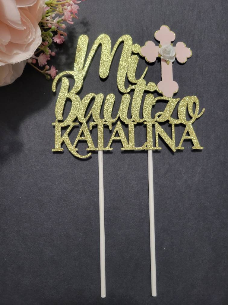 1 PCS Spanish Mi Bautizo Cake Topper with Glitter Pink Cross Dove First Communion Cake Picks Religious Gold Bless Baptism Theme Baby Shower Kids