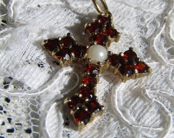 9k Gold Cross with Garnets and Pearl Garnishment, Gem-Set 9 Kt. Gold Cross, Gold Cross Necklace, Christian Jewelry, 9k Gold Pendant Necklace