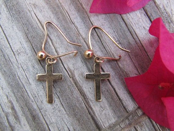 Gold Cross Earrings, Pierced 9 Kt. Gold Earrings, - image 1