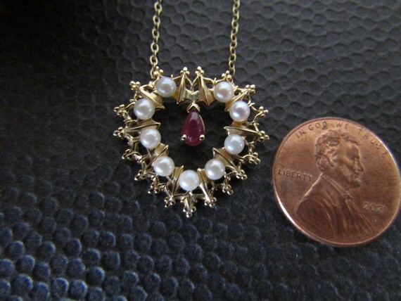 Ruby and Cultured Pearl Heart Pendant on a 14 Kt.… - image 4