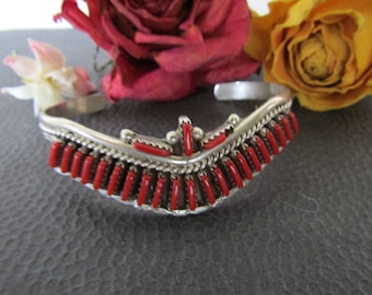 Coral Sterling Cuff Bracelet, Vintage Zuni Coral Cuff, Signed Sterling Silver Cuff, Southwestern Jewelry, Westernwear