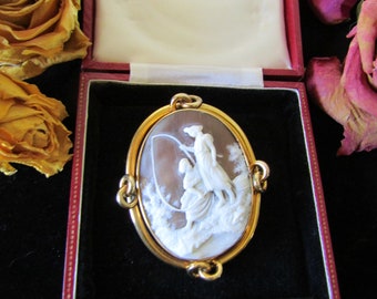 Very Rare Shell Cameo Set in 15 Kt. Gold, Persian Cameo, Arabic Pin, Antique Middle-Eastern Jewelry, Large Cameo Depicting a Couple Fishing