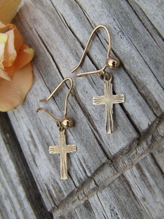 Gold Cross Earrings, Pierced 9 Kt. Gold Earrings, - image 6