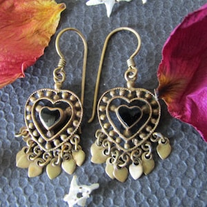 Antique Earrings, Brass and Enamel Heart Dangle Earrings, Vintage Earrings, Victorian Earrings