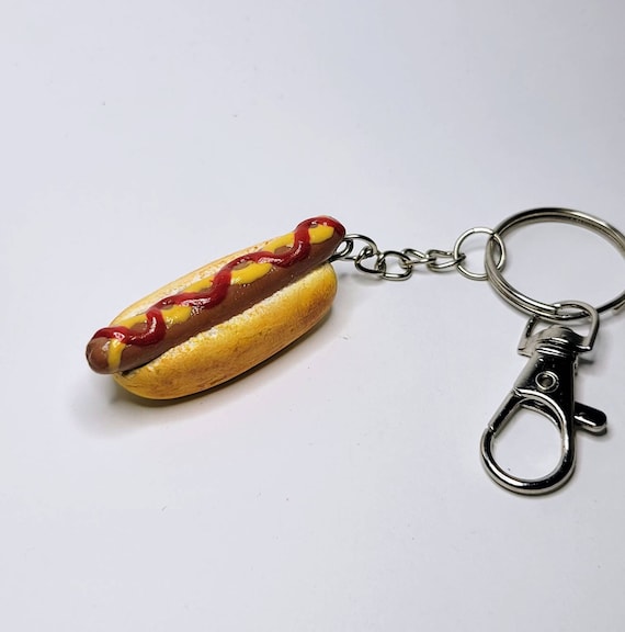 Realistic Hot Dog With Ketchup and Mustard in a Bun Keychain 