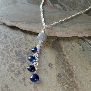 Moonstone Pendant, Wire-wrapped in Sterling Silver with Kyanite Raindrops