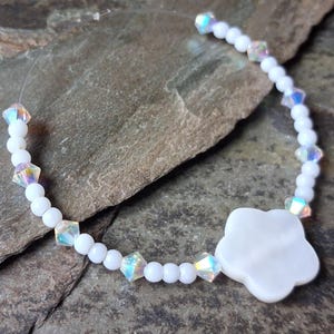 Mother of Pearl MOP Focal Pendant Bead, Flower/Cloud Shaped, Accented with Tiny Vintage White Shell Beads and Swarovski Crystals