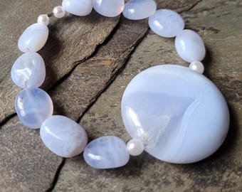DIY Beads, Light Blue Chalcedony / Blue Lace Agate Round Focal, Accented with Matching Pebbles and Acrylic Pearls