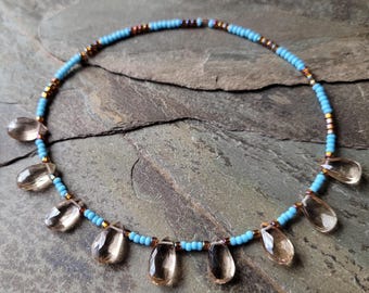 DIY Beads, Champagne Quartz Drops, Accented with Blue and Brown AB Glass Seed Beads