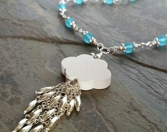 Sterling Silver Handmade Wirewrapped Rain Cascade w/Frosted Aqua Sea glass made into an interlocking chain to hold the Cloudburst Pendant.