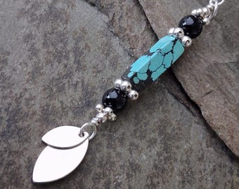 Minimalist Turquoise & Black Onyx Dangle Pendant, with Sterling Silver Layered Marquise Dangle and Sterling Silver Findings