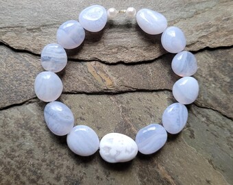 DIY Beads, Light Blue Chalcedony / Blue Lace Agate Pebble Focal w/ Druzy Side and Orbicular, Double Sided w/ Matching Pebbles