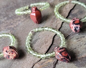 DIY Beads, Apple Jasper Carved Buds, Accented with Smooth Peridot Rounds