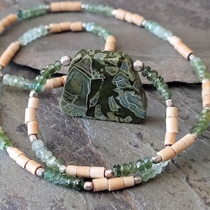 Rainforest Jasper, Trapezoid Shaped Pendant in a Necklace with Natural Bamboo Beads and Faceted Rondelle Green Tourmaline Gradient