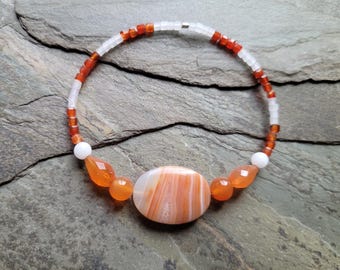 DIY Beads, Orange Banded Agate Focal, Accented with Carnelian Drops + Rounds + Faceted Cubes, Snowball Quartz Rounds, and Frosted Glass