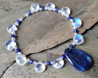 DIY Beads, Kyanite Teardrop Focal with AAA Faceted Small Hole Fiery Moonstone Drops, Accented w/Mini Sodalites and Faceted White Topaz