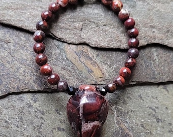 DIY Beads, Apple Jasper Carved Flower Bud/Apple, Accented with Faceted Black Spinel and Beautiful Apple Jasper 2mm Rounds