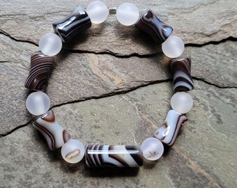 DIY Beads, Striped Agate Focal, Accented by Complimentary Bamboo Shaped Striped Agate and Matte Flower Agate Rounds