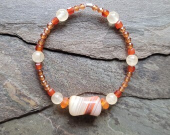 DIY Beads, Dogbone Shaped Stone Focal, Accented with Carnelian Cubes + Rhondelles, Hessonite Garnets, and Honey Jade Rounds