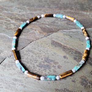 DIY Jewelry, Tigers Eye, Turquoise, Tigers Eye Beads, Turquoise Beads, Tube Shaped Beads, Rectangle Shaped Beads - Strand of 17