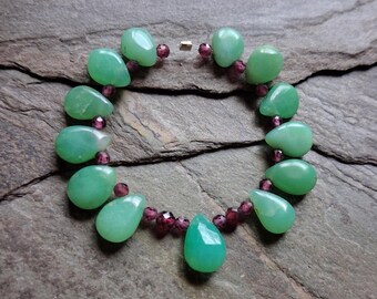 DIY Beads, Faceted Chrysoprase Drop Focal + Smooth Vintage Chrysoprase Drops, Accented with Faceted Red and Purple Garnet Rounds