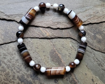 DIY Beads, Agate Cylinder Shaped Beads, Accented with Brown Banded Agate Rounds and White Czech Glass Rounds