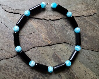 DIY Beads, Black Glass Tube Shaped / Cylinder Shaped, Accented with Shoushan Jasper Rounds