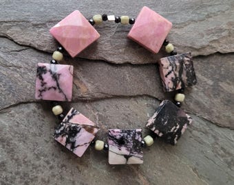 DIY Beads, Rhodochrosite Faceted Squares, Accented with Avocado Jasper Cubes and Faceted Black Spinel