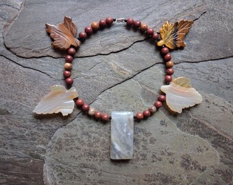 DIY Beads, Agate Slab Focal, Tigers Eye Leaves and Agate Leaves, Accented with Faceted Black Spinel and Jasper Rounds