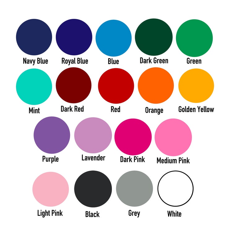 May include: A color chart with 16 different colors, including navy blue, royal blue, blue, dark green, green, mint, dark red, red, orange, golden yellow, purple, lavender, dark pink, medium pink, light pink, black, grey, and white.