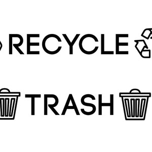 Könnte beinhalten: Schwarz-weiß-Illustration eines Recyclingsymbols und des Wortes "RECYCLING" über einem Mülleimersymbol und dem Wort "MÜLL".