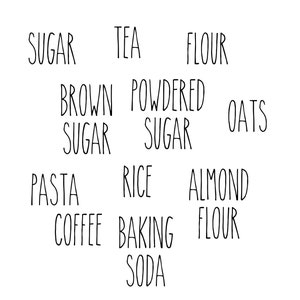 May include: A handwritten list of pantry staples, including sugar, tea, flour, brown sugar, powdered sugar, oats, pasta, rice, almond flour, coffee, baking soda.