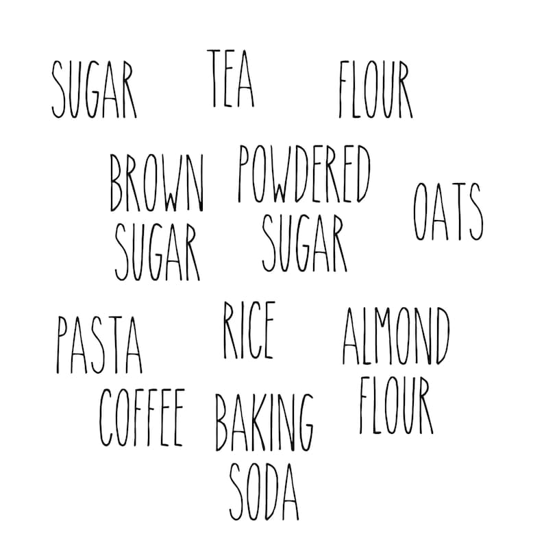 May include: A handwritten list of pantry staples, including sugar, tea, flour, brown sugar, powdered sugar, oats, pasta, rice, almond flour, coffee, baking soda.