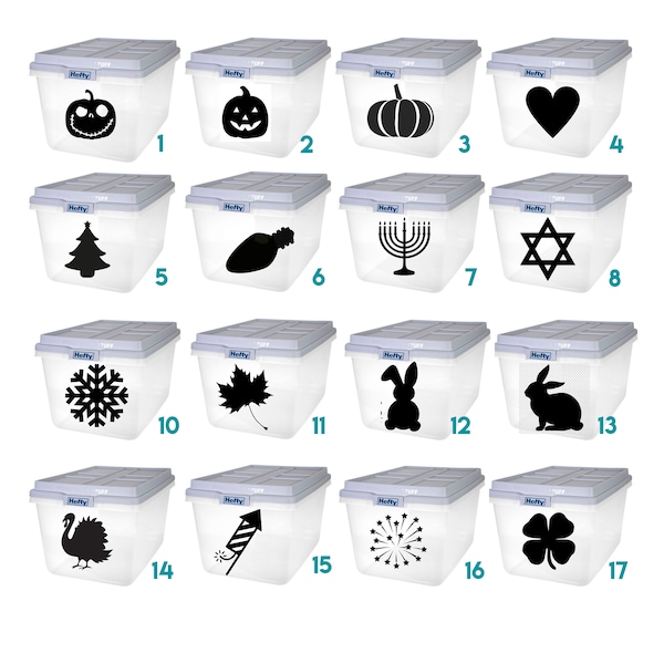 Custom Storage Tub Labels - Picture Decals for Tubs - Picture Labels for Tubs - Holiday Bin Labels