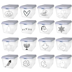 Custom Storage Tub Labels - FREE SHIPPING in US. - Picture Decals for Tubs - Picture Labels for Tubs - Holiday Bin Labels