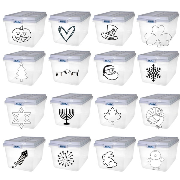 Custom Storage Tub Labels - FREE SHIPPING in US. - Picture Decals for Tubs - Picture Labels for Tubs - Holiday Bin Labels