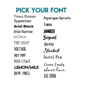May include: A list of fonts in black text on a white background. The fonts are listed in two columns. The fonts are: Times Roman, Typewriter, Arial Black, Arial Narrow, KIONA, THE LIGHT, VOLTAGE, INDY PIMP, MOON FLOWER, LEMON/MILK, BEAR HUGS, Asparagus Sprouts, Luna, SUNRISE, Beyond, FLOTTA, Stardust, Sweet Pea, Cream Candy, shore line, RAE DUNN.