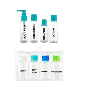 May include: Set of six clear travel-sized bottles with turquoise lids. The bottles are labeled with the words "Body Wash", "Conditioner", "Shampoo", "Lotion". The bottles are packaged in a clear plastic bag.