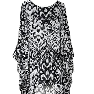 Black & White Sheer Flowy Chiffon Ikat Print Beach, Pool, or Cruise Swimsuit Cover Up