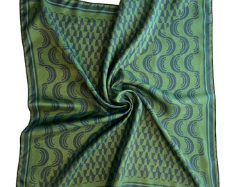 Green & Navy Blue Abstract Geometric Print 100% Silk Scarf 26" x 26", Great for Gifts, Birthdays, Anniversaries