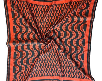 Orange & Navy Blue Abstract Geometric Print 100% Silk Scarf 36" x 36", Great for Gifts, Birthdays, Anniversaries