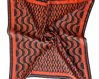 Orange & Navy Blue Abstract Geometric Print 100% Silk Scarf 26" x 26", Great for Gifts, Birthdays, Anniversaries