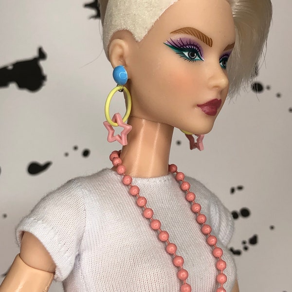 Fashion Doll 1:6 scale Jewelry Set - 80's jewelry for fashion dolls - Hoop Star Earrings, Necklace Set
