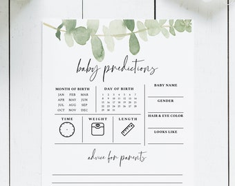 Baby Predictions and Advice, Printable Game Card, Baby Shower Games, Greenery, Eucalyptus, DIY Printable, Instant Download