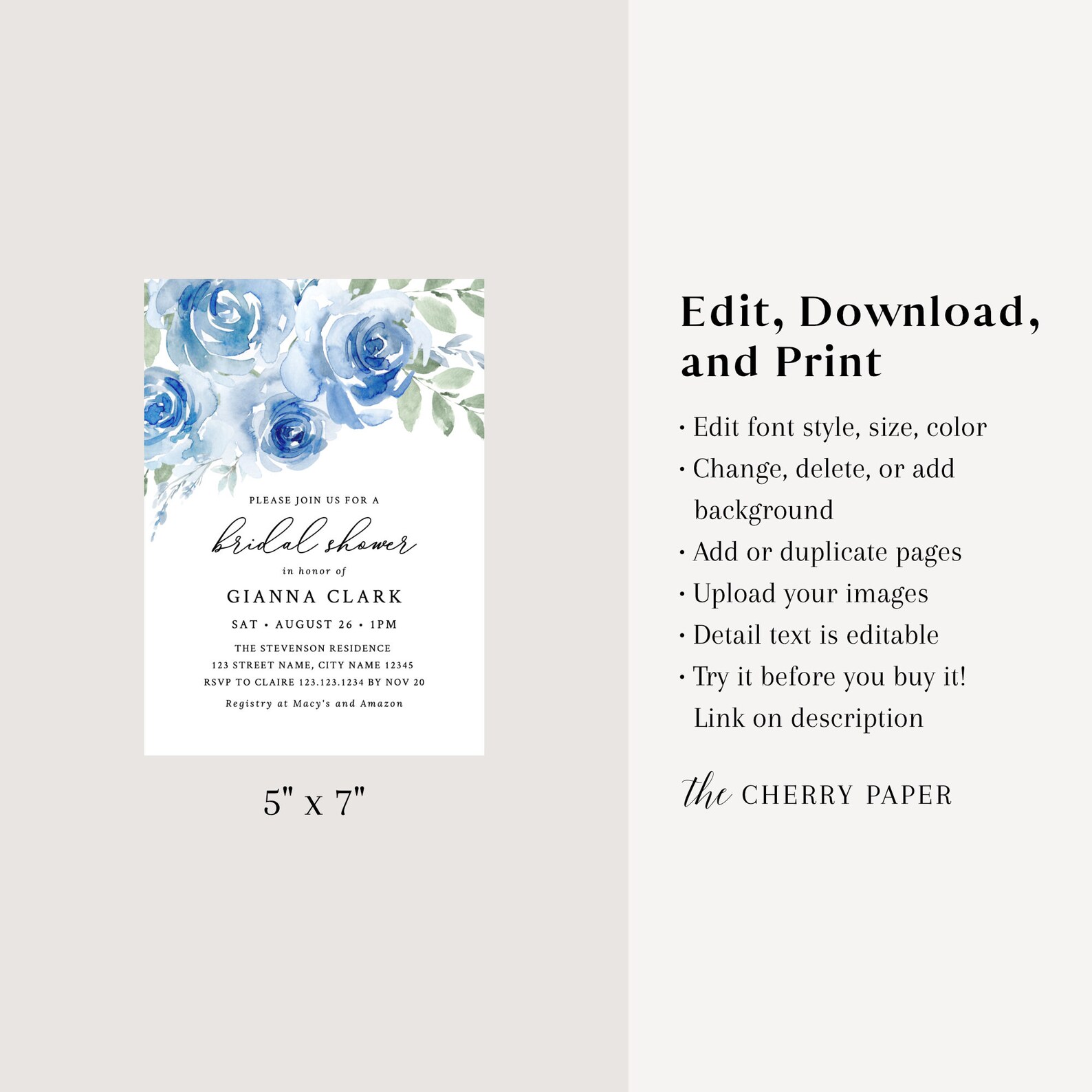 Blue Flower Invitation Bridal Shower Invite Wedding Shower Etsy