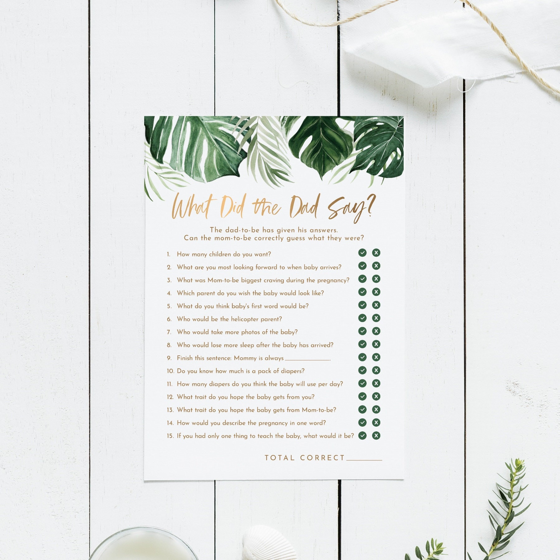 Baby Shower Activity Baby Shower Games Greenery DIY Printable Modern Instant Download Editable What Did Daddy Say Game Leaf