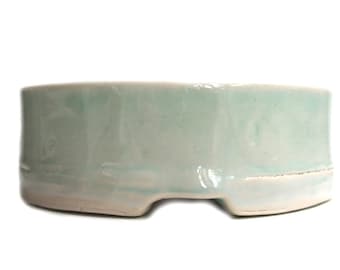 Mid size soft aqua green elliptical, 4 legged bonsai, shohin or mame plant pot, white stoneware